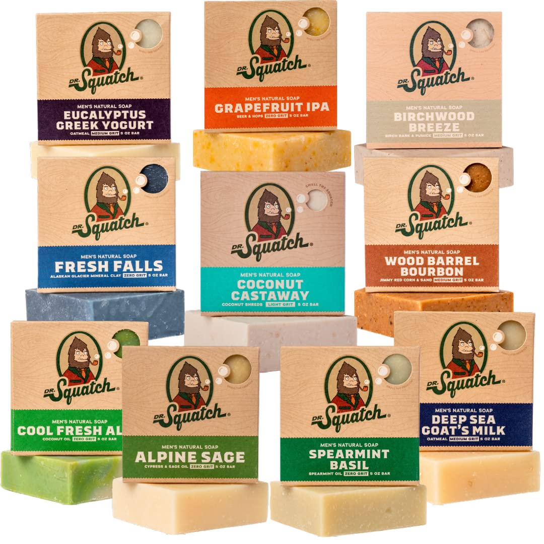 Dr. Squatch Natural Bar Soap for Men Variety Gift Set - Cold Process No Harsh Chemicals - Rainforest Rapids, Fresh Falls, Coconut Castaway, Wood Barrel Bourbon, Pine Tar & more (5 oz, 10-Pack)