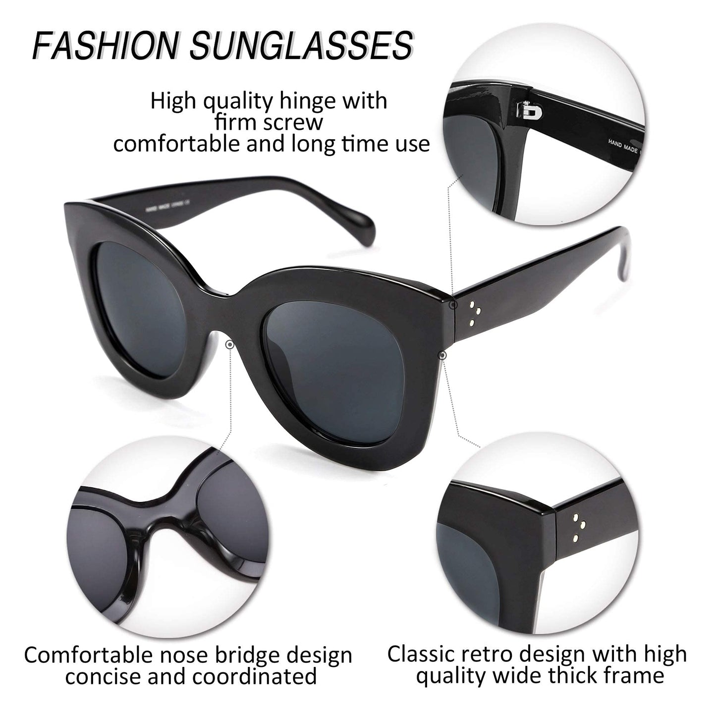 Retro Oversized Square Horn Sunglasses Semi Cat Eye Butterfly Glass Big Thick Bold Frame