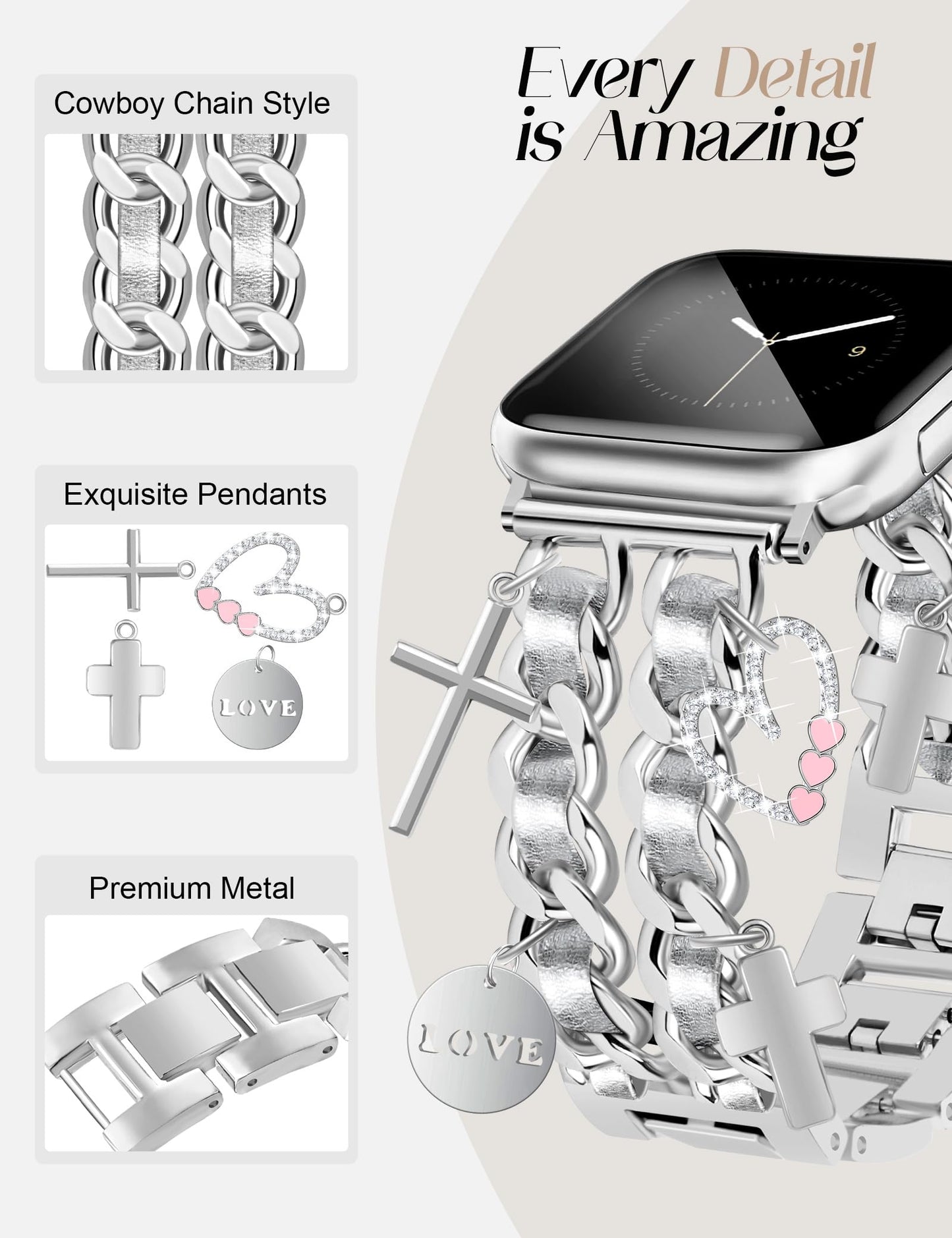 Silver Watch Bands for Women Compatible with Apple Watch Band 38mm 40mm 41mm 42mm (S10) Adjustable Unique Charms Metal Strap Cowboy Chain Bracelet for iWatch Series 10/9/8/7/6/5/4/3/2/1/SE