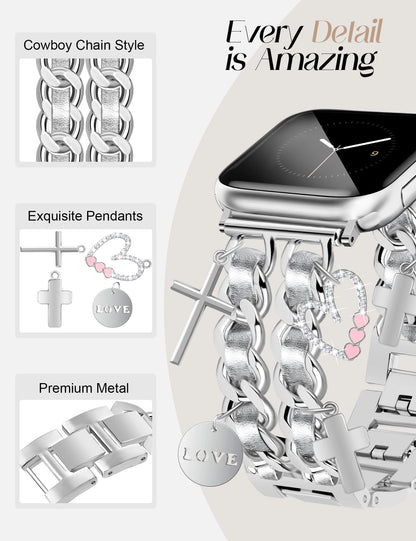 Silver Watch Bands for Women Compatible with Apple Watch Band 38mm 40mm 41mm 42mm (S10) Adjustable Unique Charms Metal Strap Cowboy Chain Bracelet for iWatch Series 10/9/8/7/6/5/4/3/2/1/SE