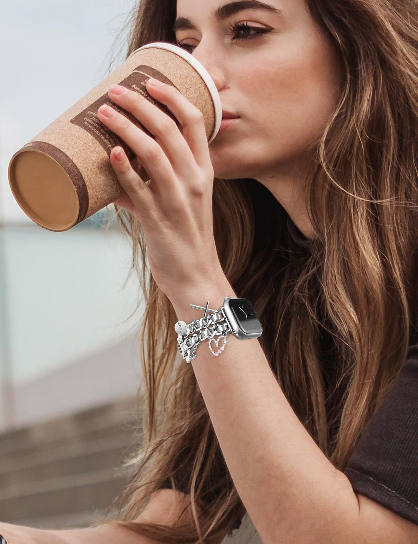 Silver Watch Bands for Women Compatible with Apple Watch Band 38mm 40mm 41mm 42mm (S10) Adjustable Unique Charms Metal Strap Cowboy Chain Bracelet for iWatch Series 10/9/8/7/6/5/4/3/2/1/SE