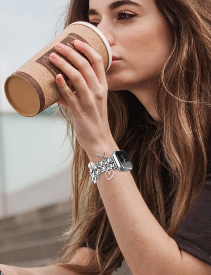 Silver Watch Bands for Women Compatible with Apple Watch Band 38mm 40mm 41mm 42mm (S10) Adjustable Unique Charms Metal Strap Cowboy Chain Bracelet for iWatch Series 10/9/8/7/6/5/4/3/2/1/SE