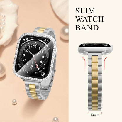 Slim Stainless Steel Band Compatible with Apple Watch 38mm 40mm 41mm 42mm 44mm 45mm, Bands with Bling Case Screen Protector for iWatch Series 9/8/7/6/5/4/3/2/1/SE