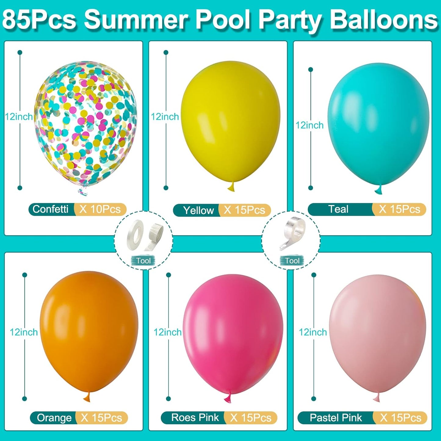 Tropical Balloon Arch Kit 12inch Hot Pink Orange Yellow Green Teal Latex Confetti Balloons for Luau Tropical Hawaii Flamingo Coachella Party Theme