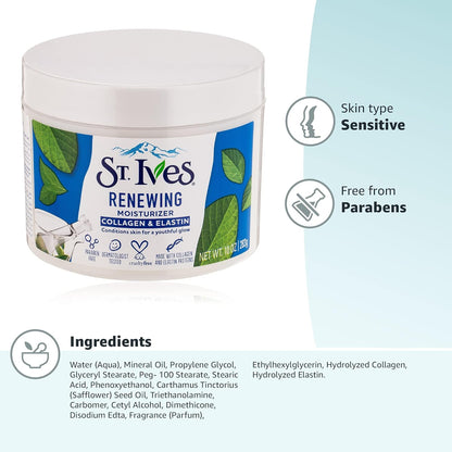St. Ives Face Moisturizer Cream, Collagen and Elastin, Renewing Facial Moisturizer for Women, Paraben Free, Dermatologist Tested Daily Moisturizing for Dry Skin Cruelty Free, 10 oz