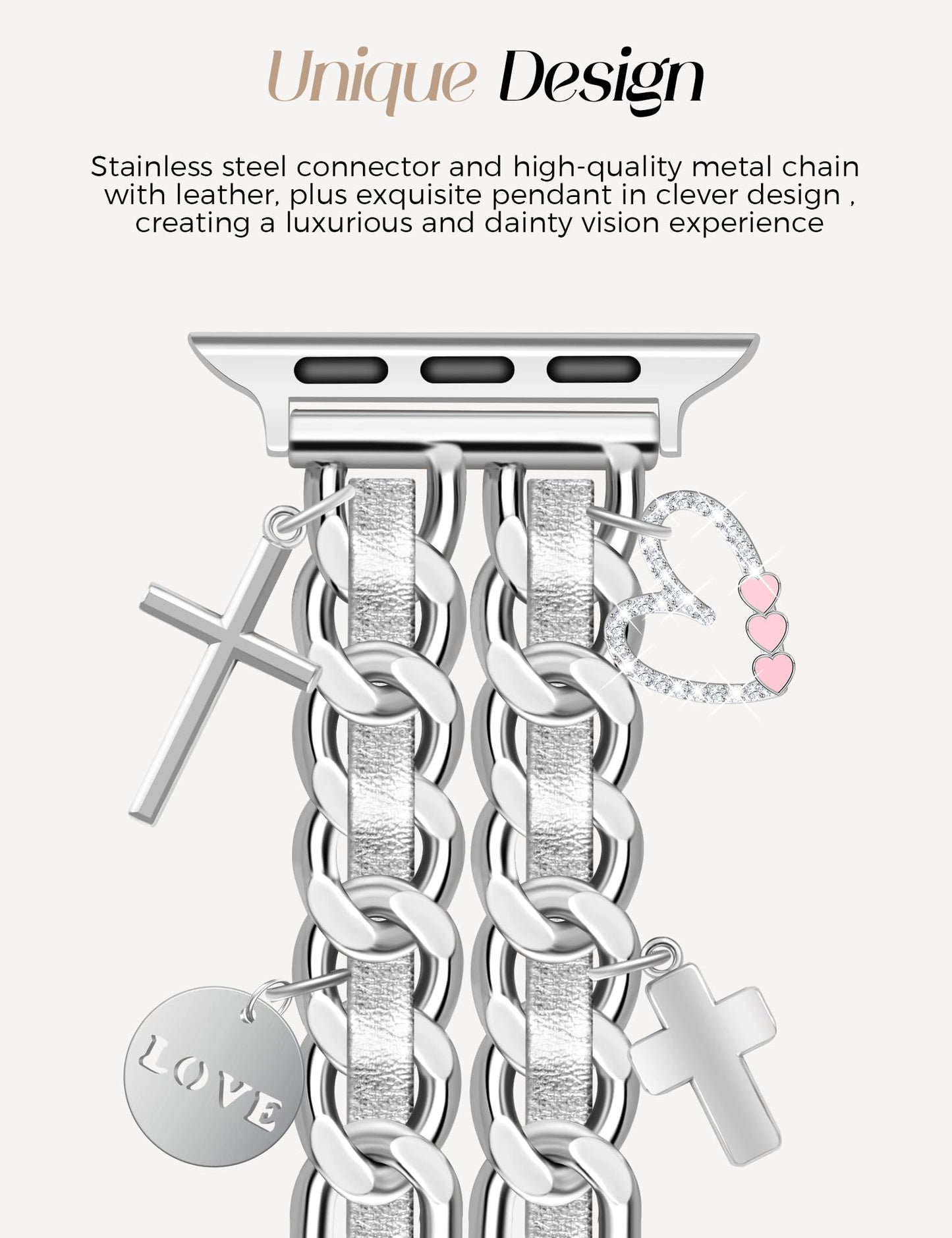 Silver Watch Bands for Women Compatible with Apple Watch Band 38mm 40mm 41mm 42mm (S10) Adjustable Unique Charms Metal Strap Cowboy Chain Bracelet for iWatch Series 10/9/8/7/6/5/4/3/2/1/SE