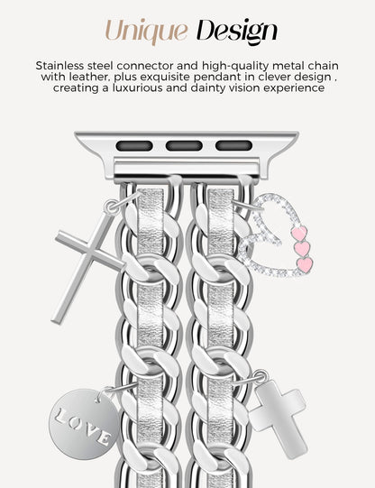 Silver Watch Bands for Women Compatible with Apple Watch Band 38mm 40mm 41mm 42mm (S10) Adjustable Unique Charms Metal Strap Cowboy Chain Bracelet for iWatch Series 10/9/8/7/6/5/4/3/2/1/SE