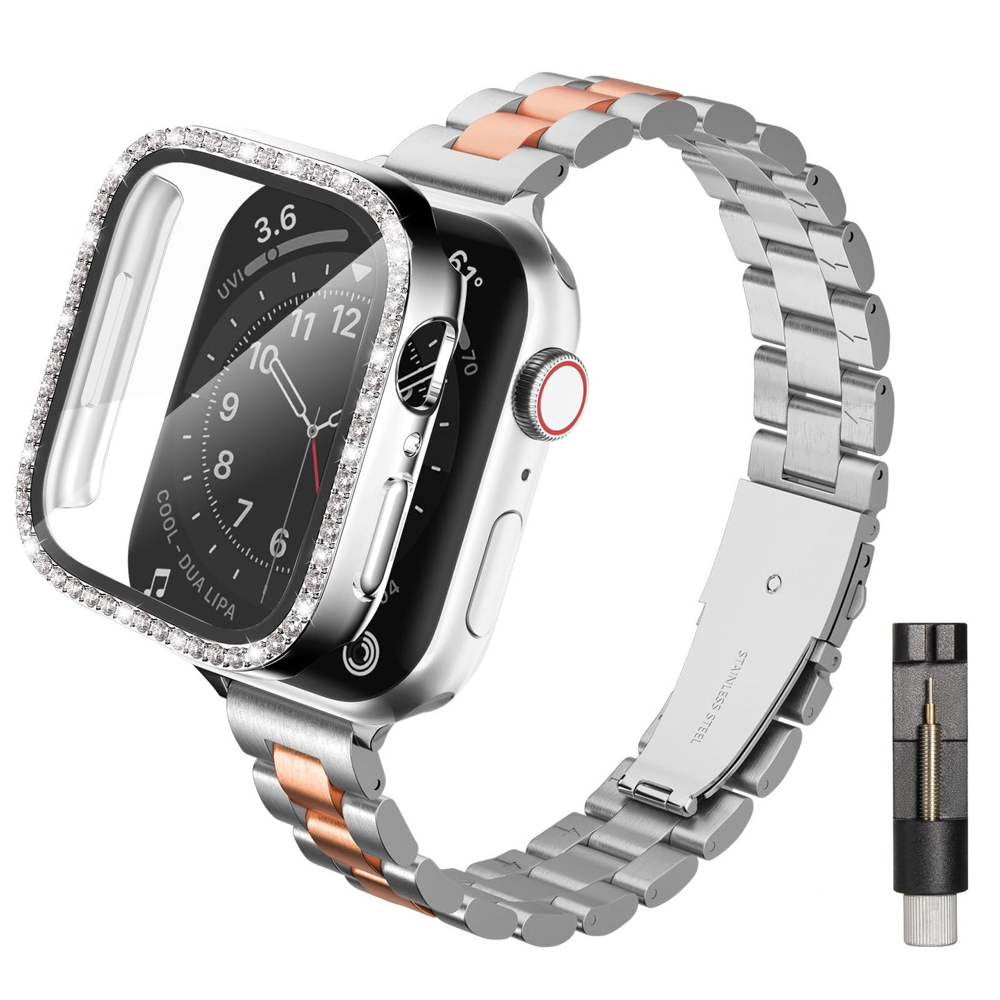 Slim Stainless Steel Band Compatible with Apple Watch 38mm 40mm 41mm 42mm 44mm 45mm, Bands with Bling Case Screen Protector for iWatch Series 9/8/7/6/5/4/3/2/1/SE