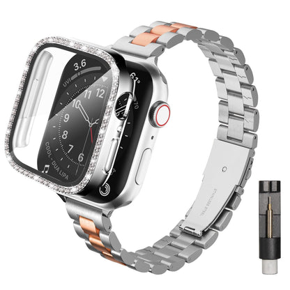 Slim Stainless Steel Band Compatible with Apple Watch 38mm 40mm 41mm 42mm 44mm 45mm, Bands with Bling Case Screen Protector for iWatch Series 9/8/7/6/5/4/3/2/1/SE