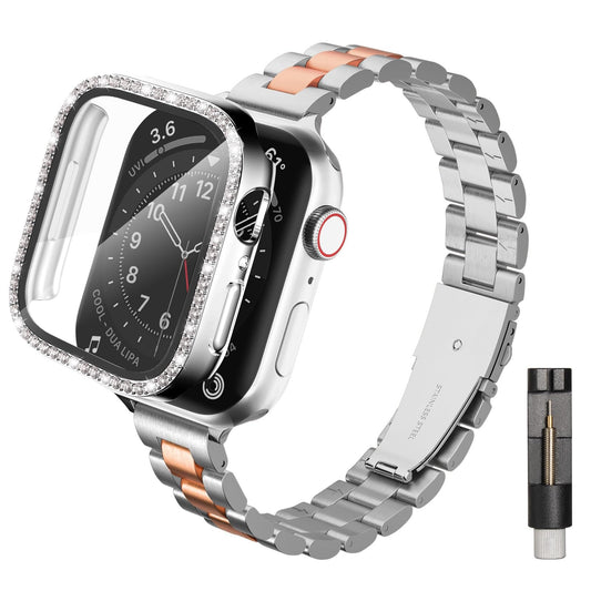 Slim Stainless Steel Band Compatible with Apple Watch 38mm 40mm 41mm 42mm 44mm 45mm, Bands with Bling Case Screen Protector for iWatch Series 9/8/7/6/5/4/3/2/1/SE
