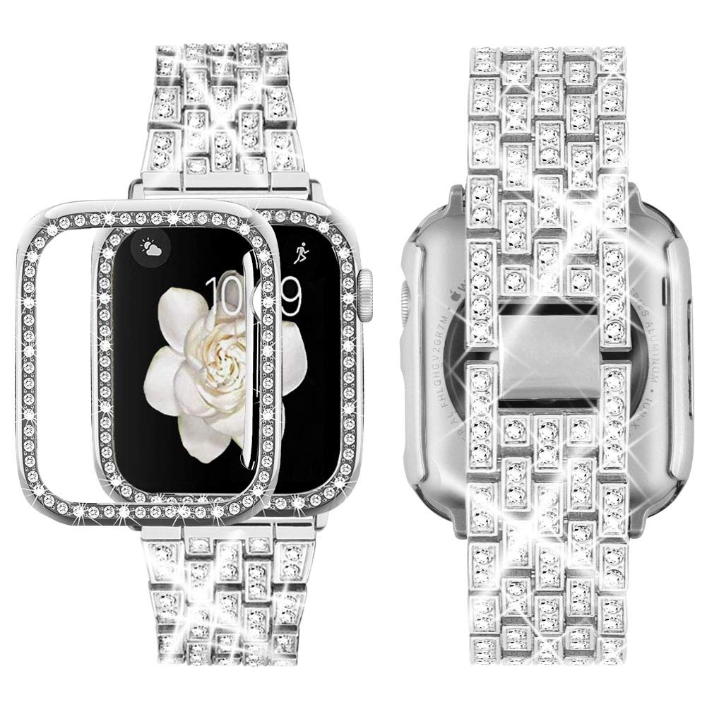 Supoix Compatible with Apple Watch Band 38mm 40mm 41mm 42mm 44mm 45mm 46mm 49mm+ Case, Women Jewelry Bling Diamond Rhinestone Replacement Metal Bands & 2 Pack PC Protector Case for iWatch Ultra 2/ Ultra Series 10/9/8/7/6/5/4/3/2/1/SE
