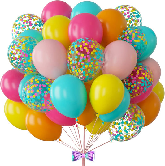 Tropical Balloon Arch Kit 12inch Hot Pink Orange Yellow Green Teal Latex Confetti Balloons for Luau Tropical Hawaii Flamingo Coachella Party Theme