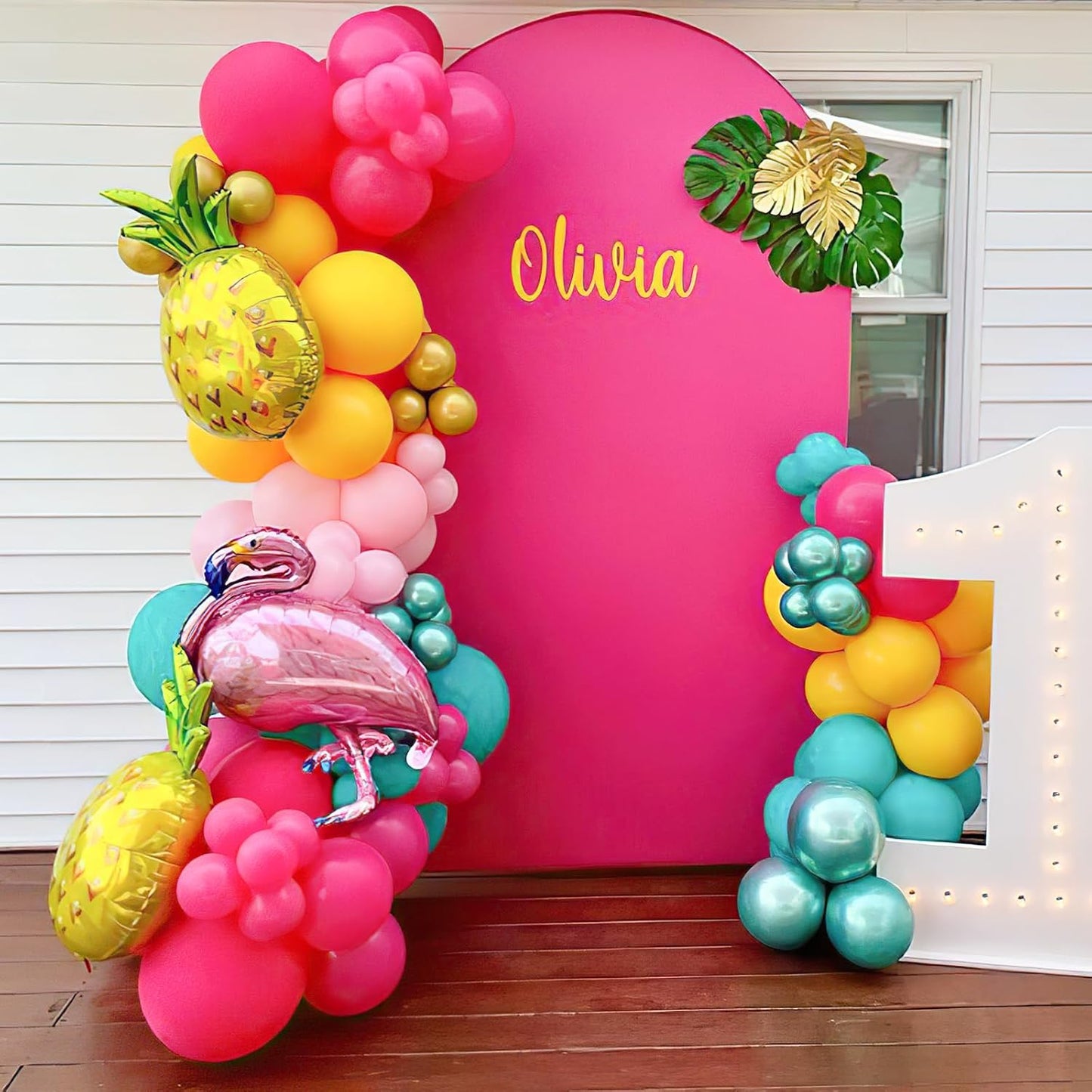 Tropical Balloon Arch Kit 12inch Hot Pink Orange Yellow Green Teal Latex Confetti Balloons for Luau Tropical Hawaii Flamingo Coachella Party Theme