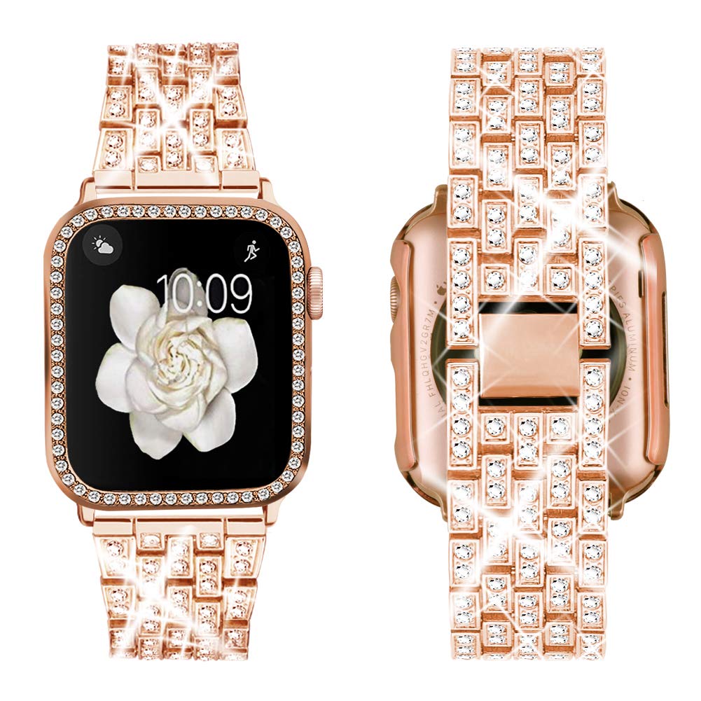 Supoix Compatible with Apple Watch Band 38mm 40mm 41mm 42mm 44mm 45mm 46mm 49mm+ Case, Women Jewelry Bling Diamond Rhinestone Replacement Metal Bands & 2 Pack PC Protector Case for iWatch Ultra 2/ Ultra Series 10/9/8/7/6/5/4/3/2/1/SE