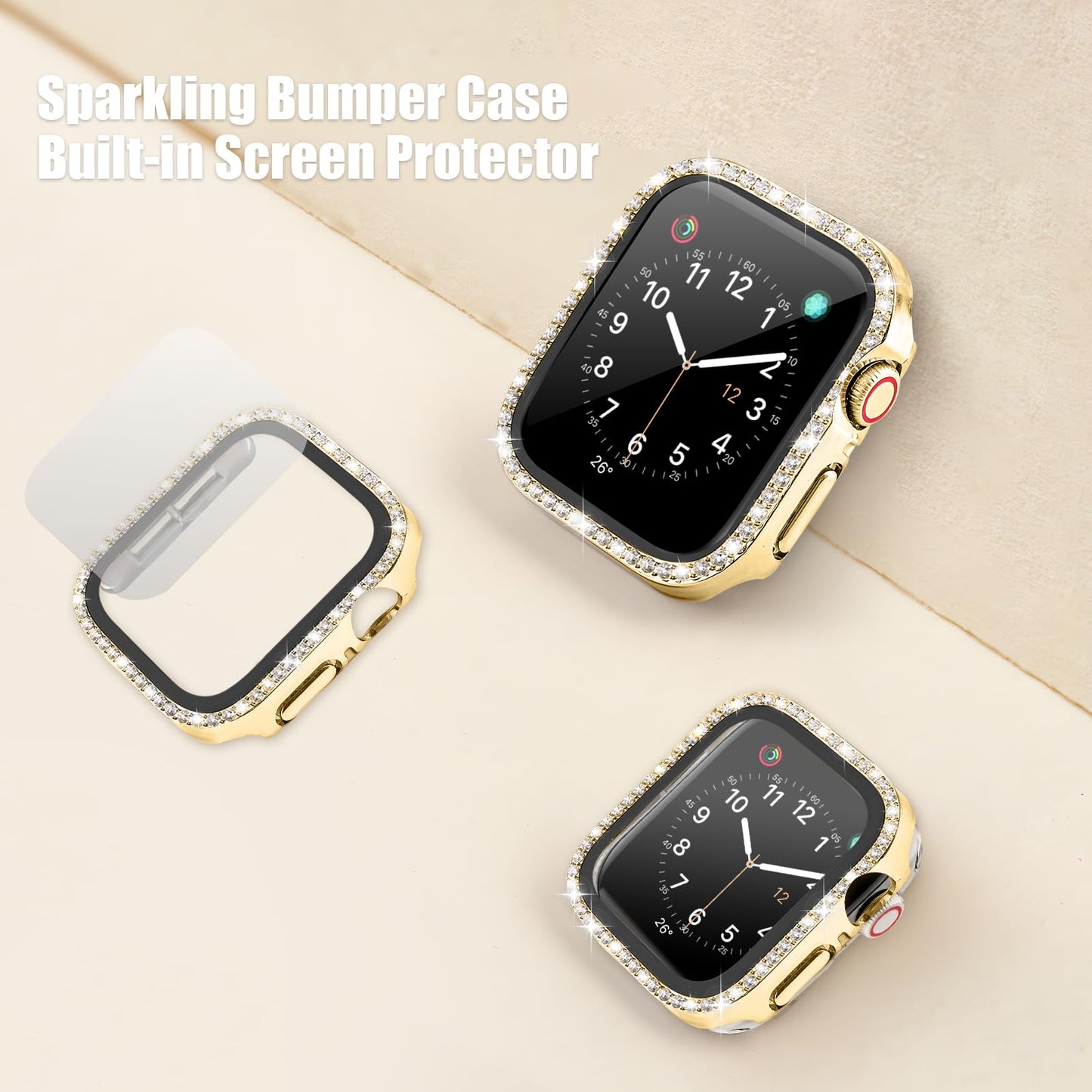 Slim Stainless Steel Band Compatible with Apple Watch 38mm 40mm 41mm 42mm 44mm 45mm, Bands with Bling Case Screen Protector for iWatch Series 9/8/7/6/5/4/3/2/1/SE