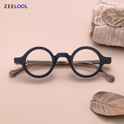 Vintage Small Round Blue Light Blocking Glasses for Men Women Wood Grain Acetate Eyewear