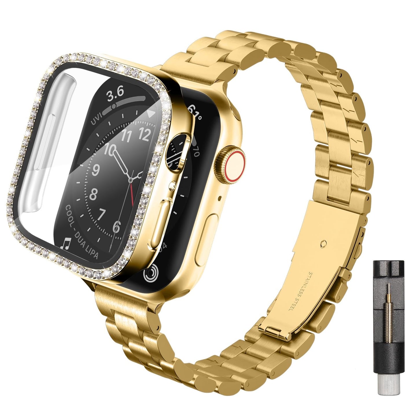 Slim Stainless Steel Band Compatible with Apple Watch 38mm 40mm 41mm 42mm 44mm 45mm, Bands with Bling Case Screen Protector for iWatch Series 9/8/7/6/5/4/3/2/1/SE