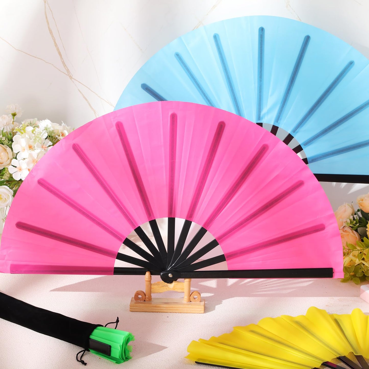 Blulu 4 Pcs Large Folding Fans for Line Dancing Big Silk Hand Clapping Popping Fans Bulk for Dancing Boots on The Ground Festival Party Decoration(Classic Style,Blue, Rose Red, Green, Red,13 Inch)