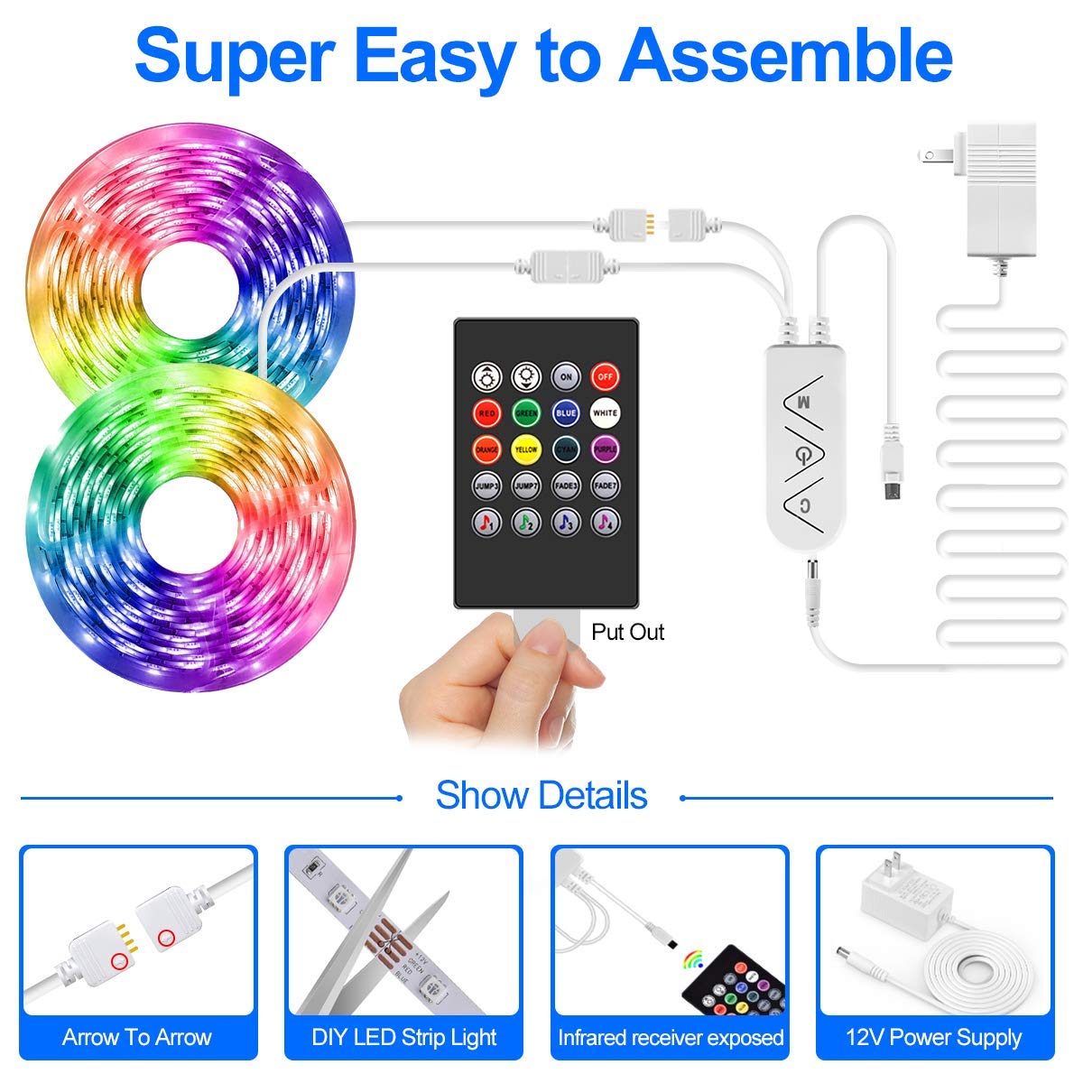LED Strip Lights 100ft, Bluetooth and APP Control, Multicolor RGB Light Strips, Music Sync Color Changing for Bedroom Indoor