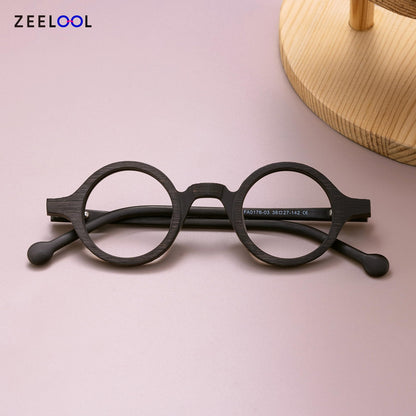 Vintage Small Round Blue Light Blocking Glasses for Men Women Wood Grain Acetate Eyewear
