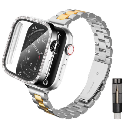 Slim Stainless Steel Band Compatible with Apple Watch 38mm 40mm 41mm 42mm 44mm 45mm, Bands with Bling Case Screen Protector for iWatch Series 9/8/7/6/5/4/3/2/1/SE