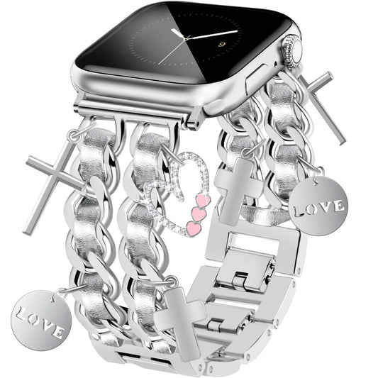 Silver Watch Bands for Women Compatible with Apple Watch Band 38mm 40mm 41mm 42mm (S10) Adjustable Unique Charms Metal Strap Cowboy Chain Bracelet for iWatch Series 10/9/8/7/6/5/4/3/2/1/SE