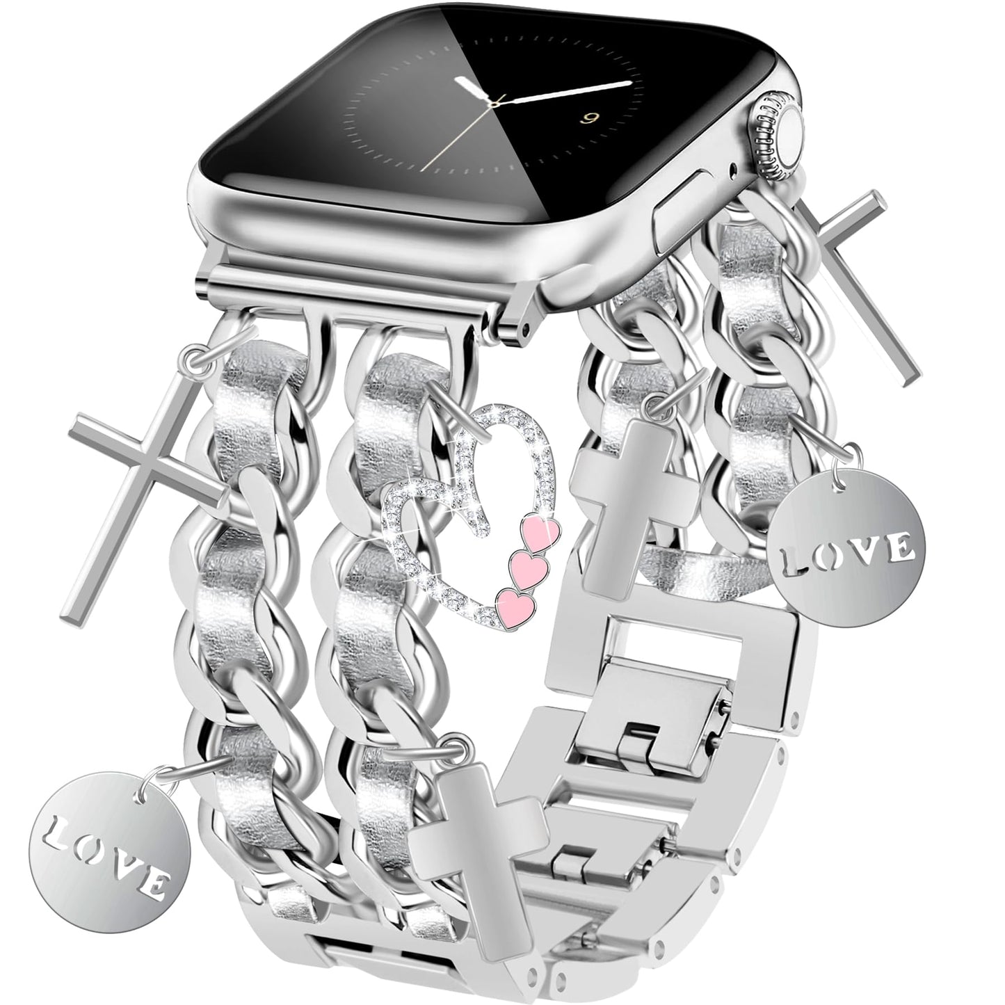 Silver Watch Bands for Women Compatible with Apple Watch Band 38mm 40mm 41mm 42mm (S10) Adjustable Unique Charms Metal Strap Cowboy Chain Bracelet for iWatch Series 10/9/8/7/6/5/4/3/2/1/SE