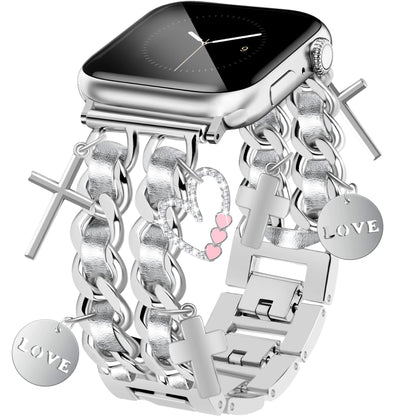 Silver Watch Bands for Women Compatible with Apple Watch Band 38mm 40mm 41mm 42mm (S10) Adjustable Unique Charms Metal Strap Cowboy Chain Bracelet for iWatch Series 10/9/8/7/6/5/4/3/2/1/SE