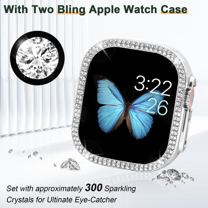 Supoix Compatible with Apple Watch Band 38mm 40mm 41mm 42mm 44mm 45mm 46mm 49mm+ Case, Women Jewelry Bling Diamond Rhinestone Replacement Metal Bands & 2 Pack PC Protector Case for iWatch Ultra 2/ Ultra Series 10/9/8/7/6/5/4/3/2/1/SE