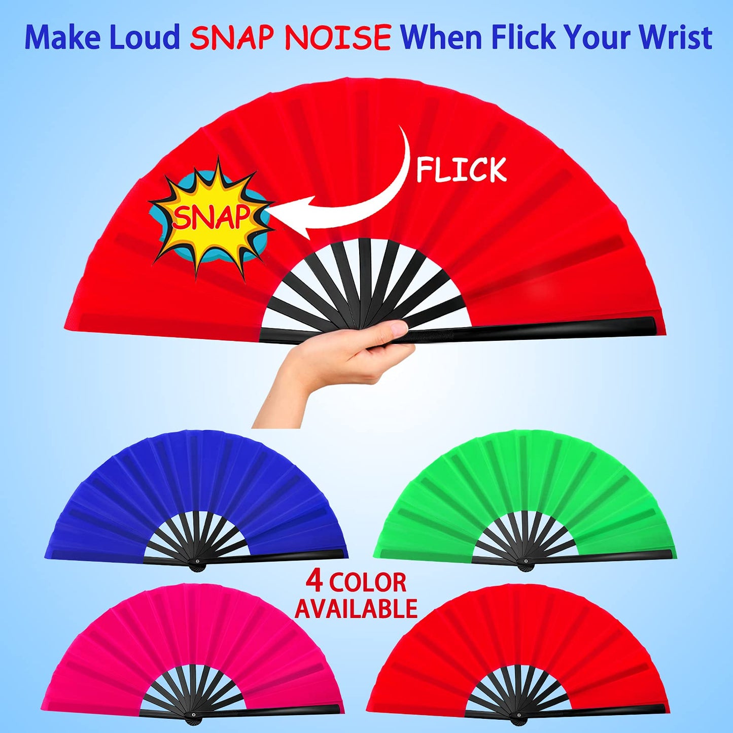 Blulu 4 Pcs Large Folding Fans for Line Dancing Big Silk Hand Clapping Popping Fans Bulk for Dancing Boots on The Ground Festival Party Decoration(Classic Style,Blue, Rose Red, Green, Red,13 Inch)