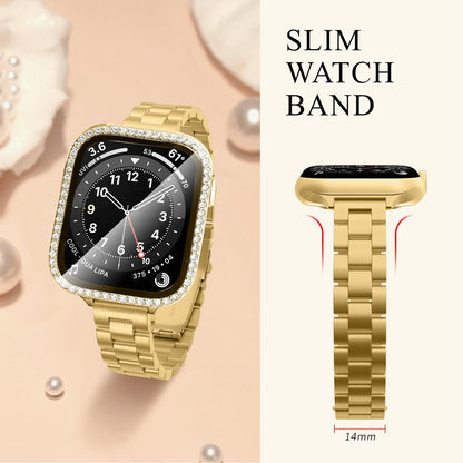 Slim Stainless Steel Band Compatible with Apple Watch 38mm 40mm 41mm 42mm 44mm 45mm, Bands with Bling Case Screen Protector for iWatch Series 9/8/7/6/5/4/3/2/1/SE