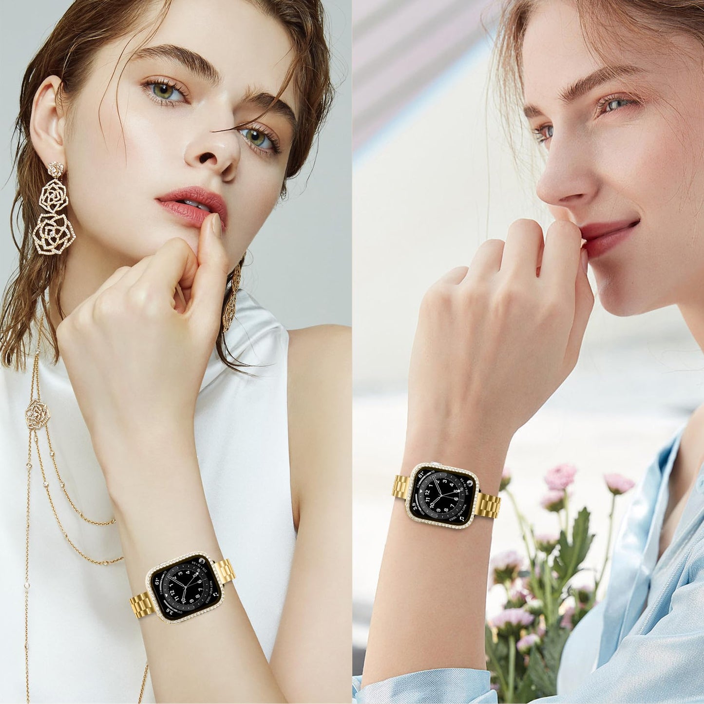 Slim Stainless Steel Band Compatible with Apple Watch 38mm 40mm 41mm 42mm 44mm 45mm, Bands with Bling Case Screen Protector for iWatch Series 9/8/7/6/5/4/3/2/1/SE