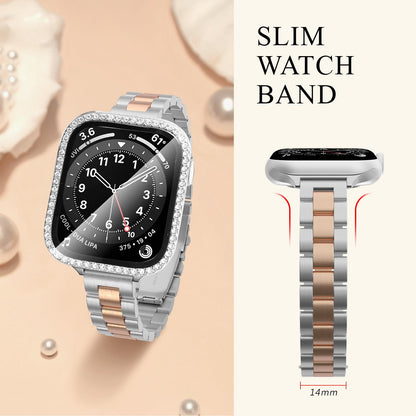 Slim Stainless Steel Band Compatible with Apple Watch 38mm 40mm 41mm 42mm 44mm 45mm, Bands with Bling Case Screen Protector for iWatch Series 9/8/7/6/5/4/3/2/1/SE