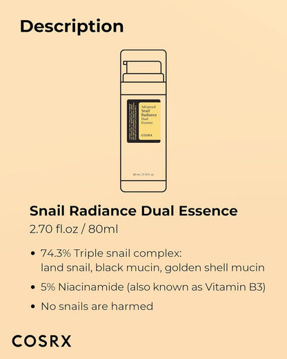 COSRX Niacinamide 5% + Snail Mucin 74% Dual Essence, Anti Aging Face Serum for Dull Skin, Mothers day gifts for mom, Sensitive Skin, Not Tested on Animals, Korean Skin Care, 2.70 fl.oz / 80ml