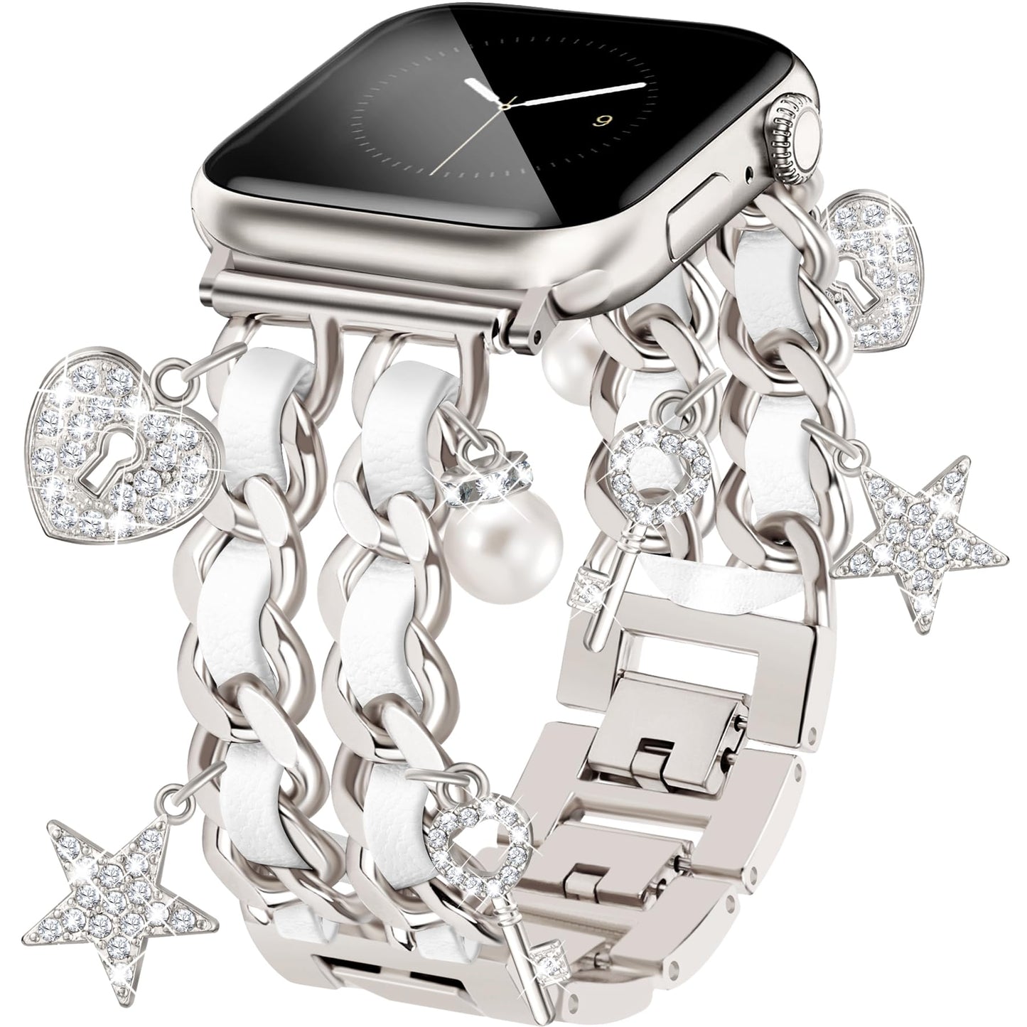 Silver Watch Bands for Women Compatible with Apple Watch Band 38mm 40mm 41mm 42mm (S10) Adjustable Unique Charms Metal Strap Cowboy Chain Bracelet for iWatch Series 10/9/8/7/6/5/4/3/2/1/SE