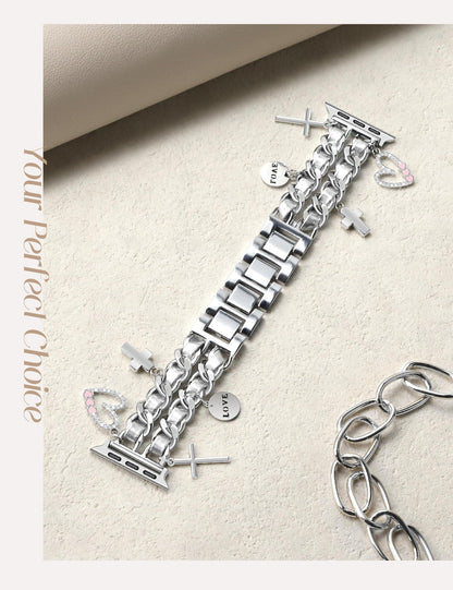 Silver Watch Bands for Women Compatible with Apple Watch Band 38mm 40mm 41mm 42mm (S10) Adjustable Unique Charms Metal Strap Cowboy Chain Bracelet for iWatch Series 10/9/8/7/6/5/4/3/2/1/SE