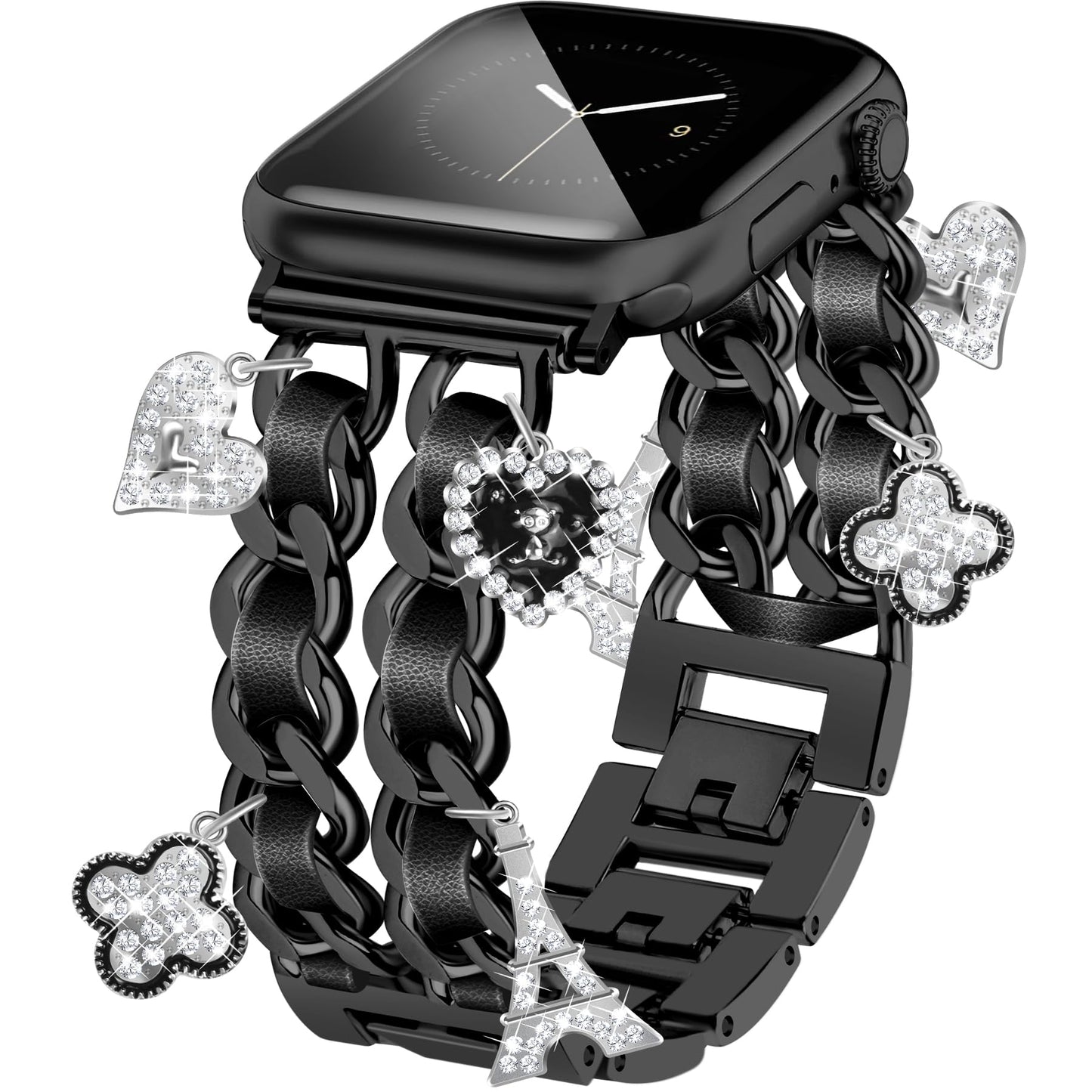 Silver Watch Bands for Women Compatible with Apple Watch Band 38mm 40mm 41mm 42mm (S10) Adjustable Unique Charms Metal Strap Cowboy Chain Bracelet for iWatch Series 10/9/8/7/6/5/4/3/2/1/SE