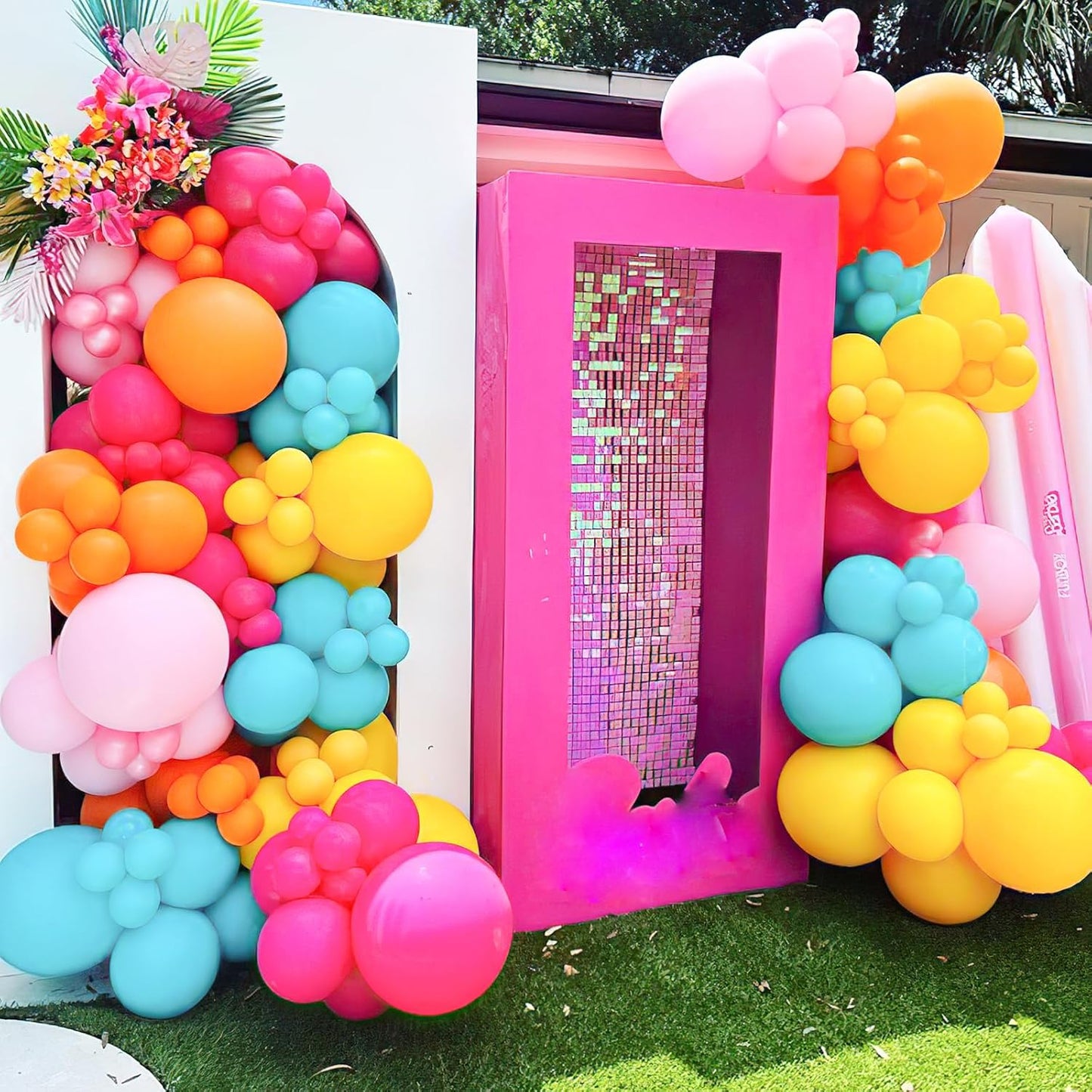 Tropical Balloon Arch Kit 12inch Hot Pink Orange Yellow Green Teal Latex Confetti Balloons for Luau Tropical Hawaii Flamingo Coachella Party Theme