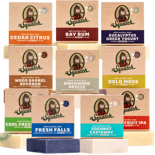 Dr. Squatch Natural Bar Soap for Men Variety Gift Set - Cold Process No Harsh Chemicals - Rainforest Rapids, Fresh Falls, Coconut Castaway, Wood Barrel Bourbon, Pine Tar & more (5 oz, 10-Pack)