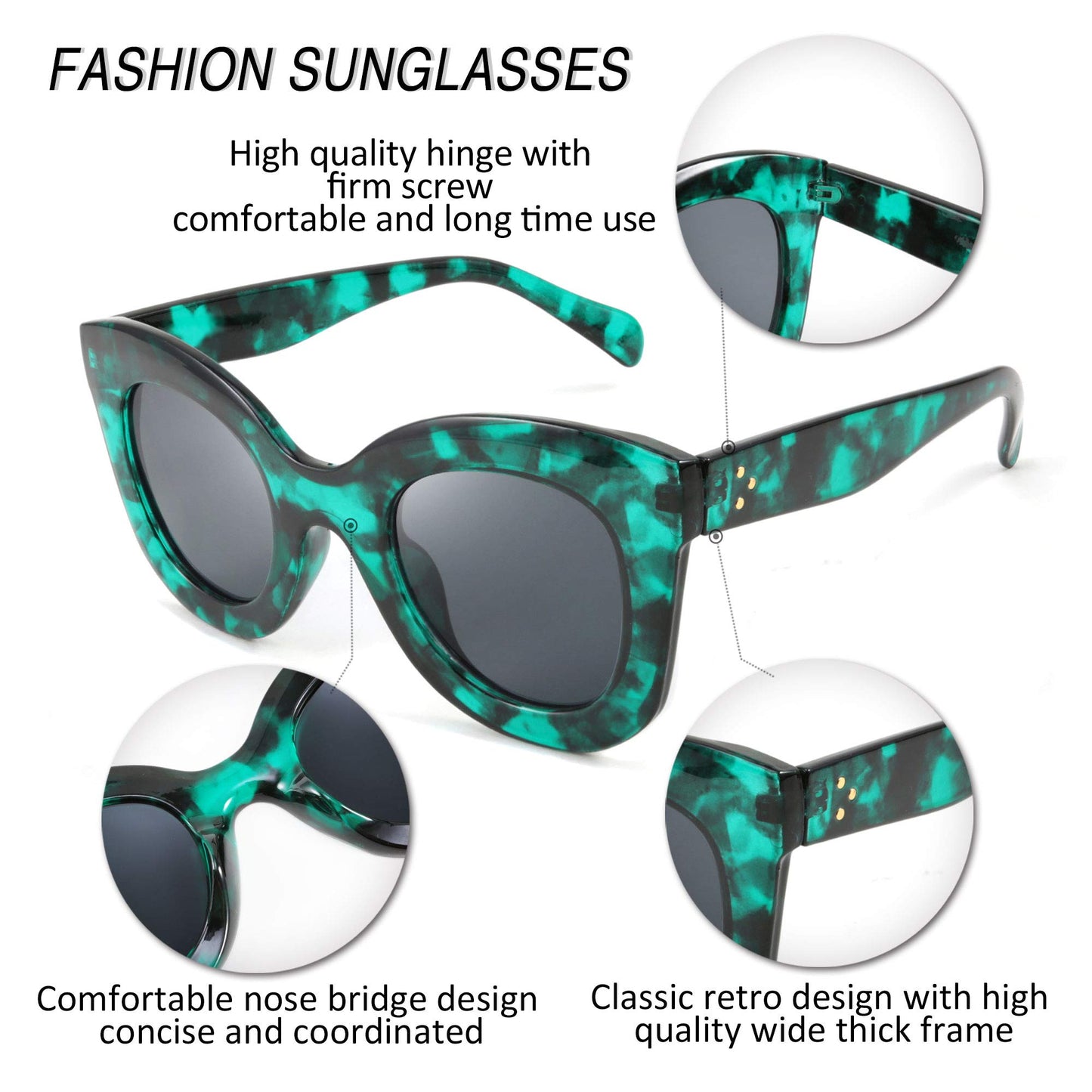 Retro Oversized Square Horn Sunglasses Semi Cat Eye Butterfly Glass Big Thick Bold Frame