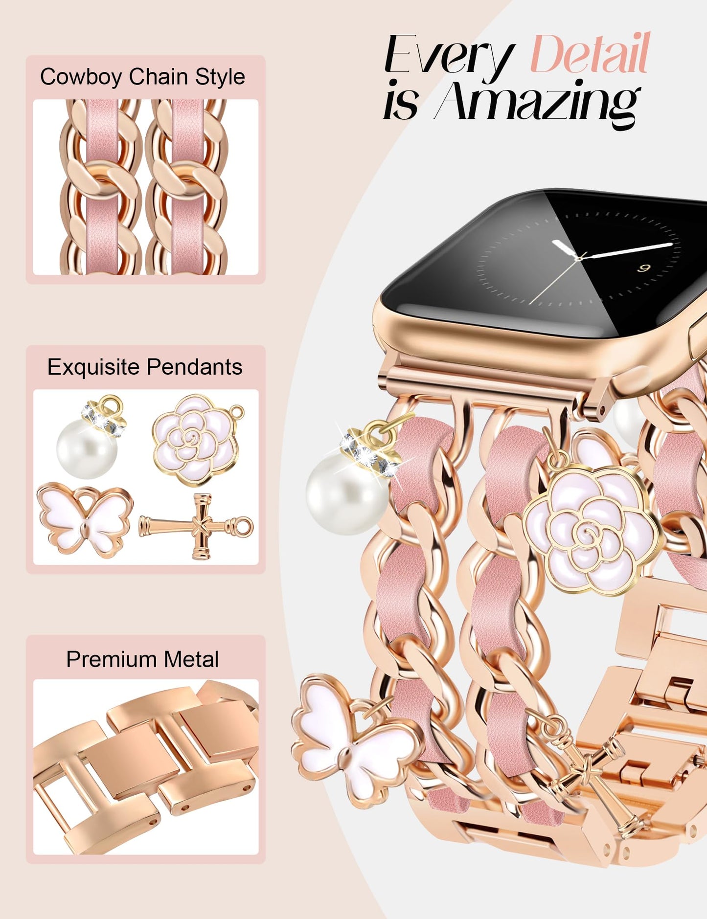 Silver Watch Bands for Women Compatible with Apple Watch Band 38mm 40mm 41mm 42mm (S10) Adjustable Unique Charms Metal Strap Cowboy Chain Bracelet for iWatch Series 10/9/8/7/6/5/4/3/2/1/SE