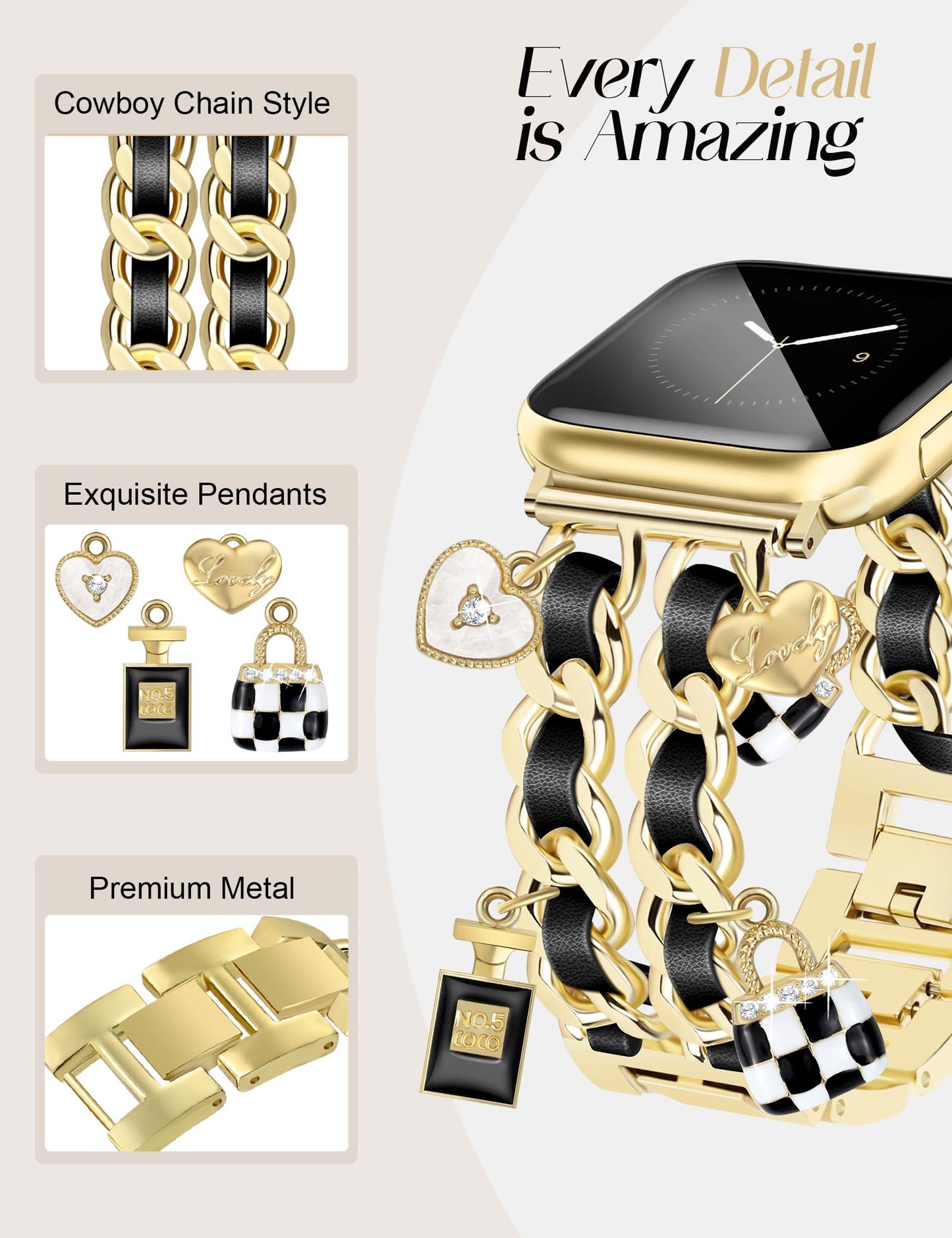 Silver Watch Bands for Women Compatible with Apple Watch Band 38mm 40mm 41mm 42mm (S10) Adjustable Unique Charms Metal Strap Cowboy Chain Bracelet for iWatch Series 10/9/8/7/6/5/4/3/2/1/SE