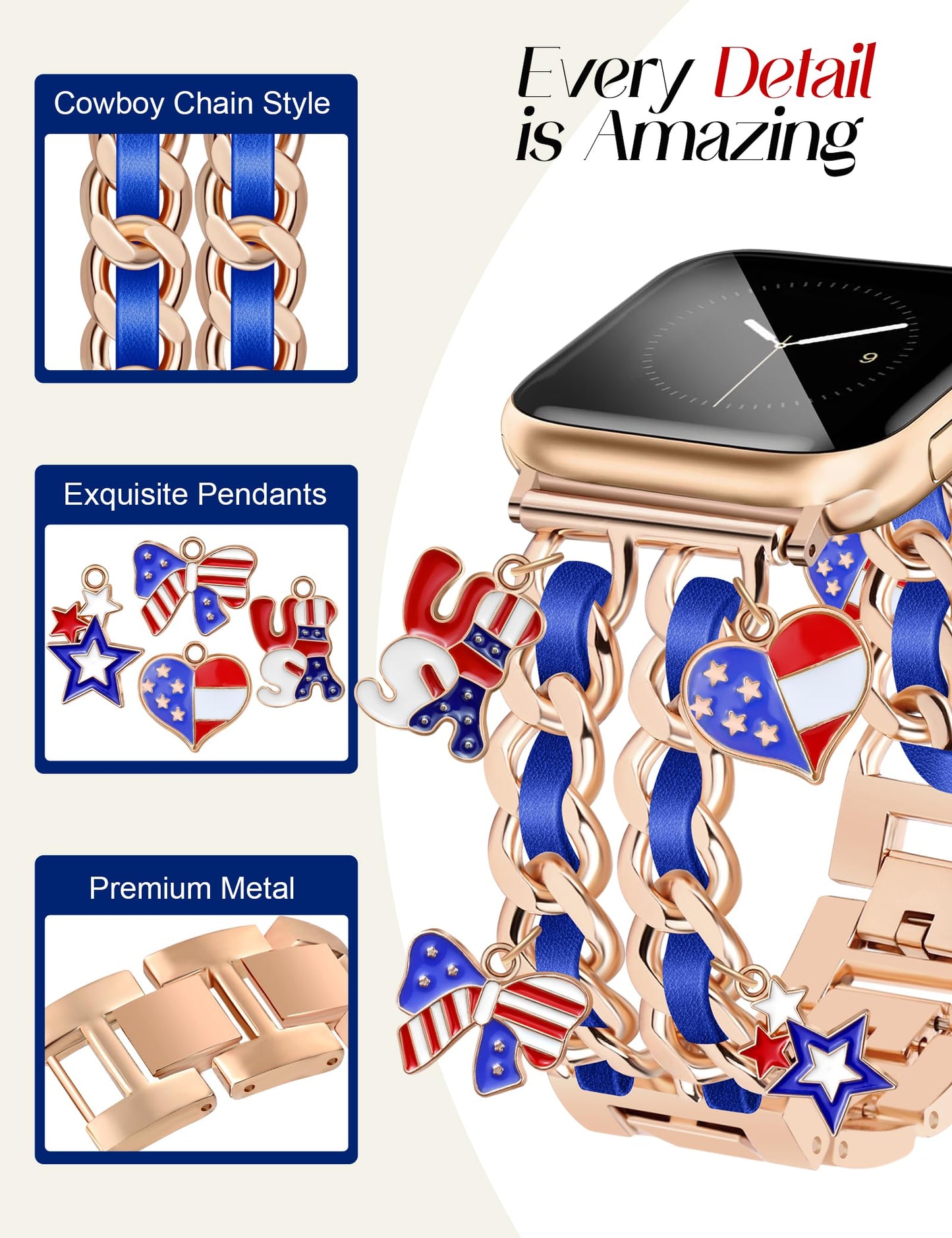 Silver Watch Bands for Women Compatible with Apple Watch Band 38mm 40mm 41mm 42mm (S10) Adjustable Unique Charms Metal Strap Cowboy Chain Bracelet for iWatch Series 10/9/8/7/6/5/4/3/2/1/SE