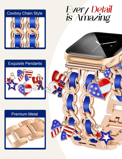 Silver Watch Bands for Women Compatible with Apple Watch Band 38mm 40mm 41mm 42mm (S10) Adjustable Unique Charms Metal Strap Cowboy Chain Bracelet for iWatch Series 10/9/8/7/6/5/4/3/2/1/SE