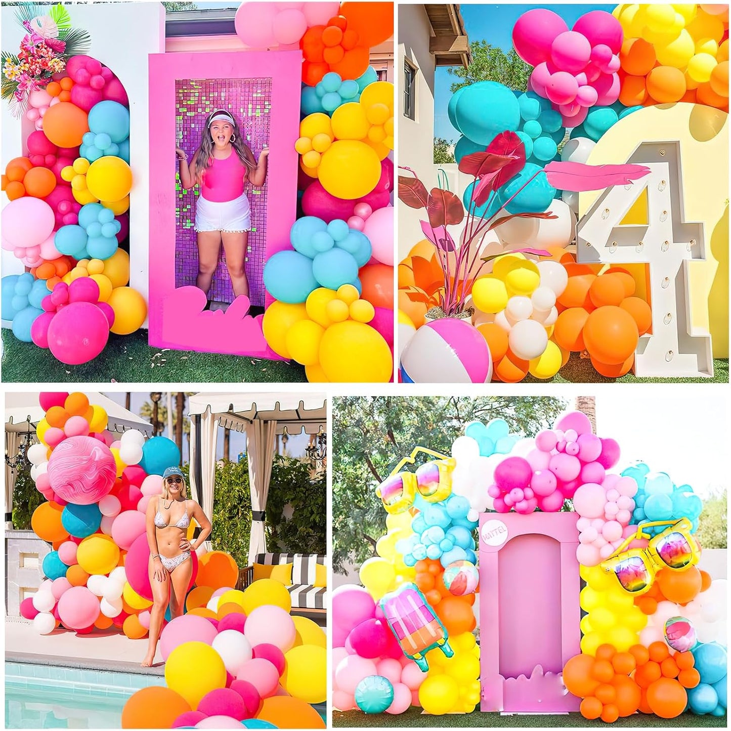 Tropical Balloon Arch Kit 12inch Hot Pink Orange Yellow Green Teal Latex Confetti Balloons for Luau Tropical Hawaii Flamingo Coachella Party Theme