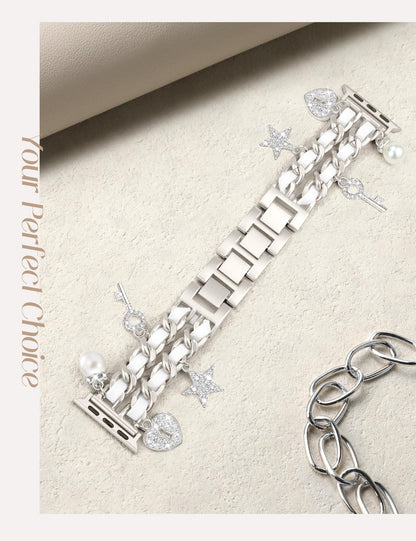 Silver Watch Bands for Women Compatible with Apple Watch Band 38mm 40mm 41mm 42mm (S10) Adjustable Unique Charms Metal Strap Cowboy Chain Bracelet for iWatch Series 10/9/8/7/6/5/4/3/2/1/SE