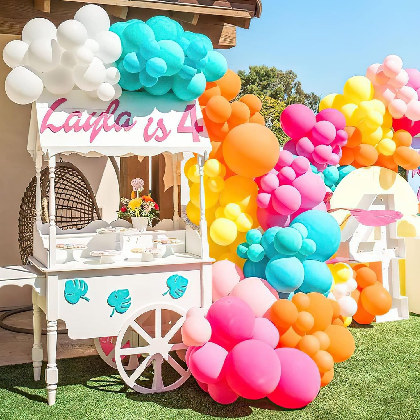 Tropical Balloon Arch Kit 12inch Hot Pink Orange Yellow Green Teal Latex Confetti Balloons for Luau Tropical Hawaii Flamingo Coachella Party Theme