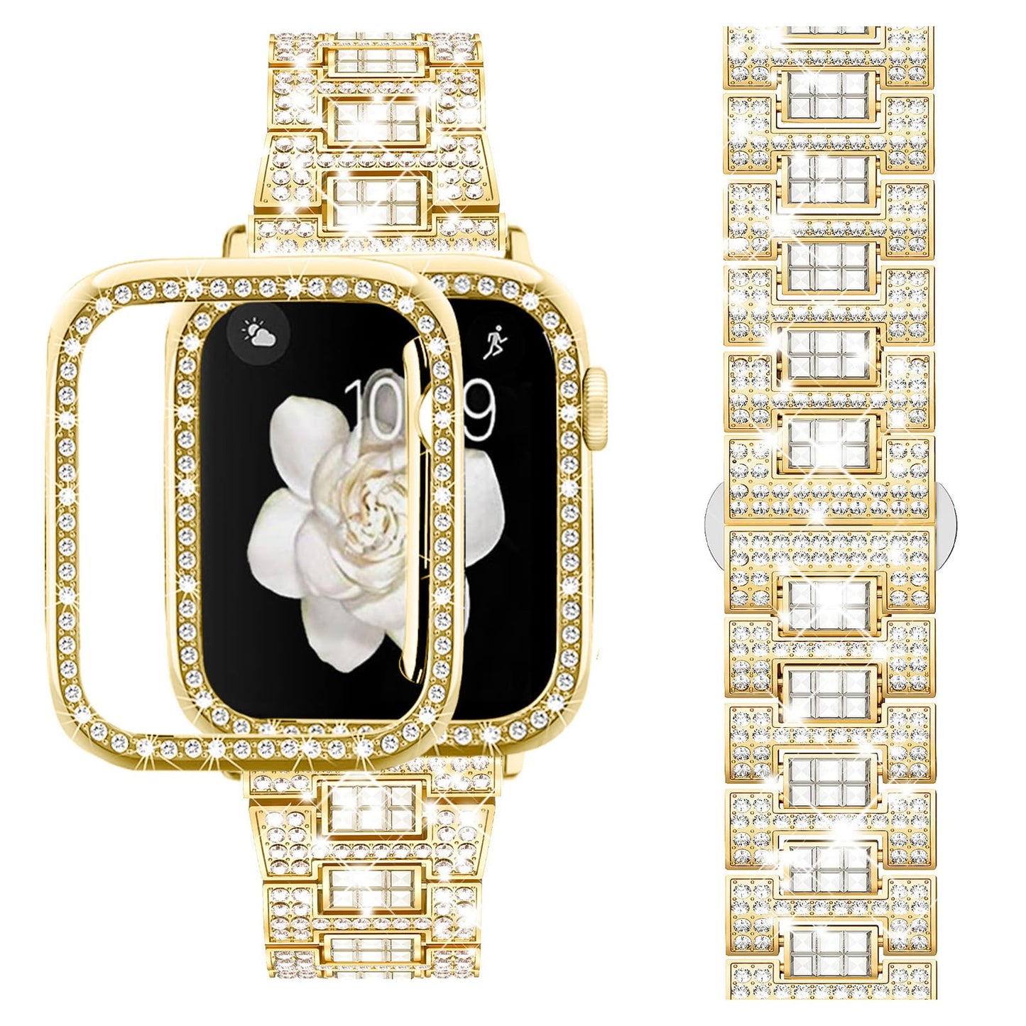 Supoix Compatible with Apple Watch Band 38mm 40mm 41mm 42mm 44mm 45mm 46mm 49mm+ Case, Women Jewelry Bling Diamond Rhinestone Replacement Metal Bands & 2 Pack PC Protector Case for iWatch Ultra 2/ Ultra Series 10/9/8/7/6/5/4/3/2/1/SE