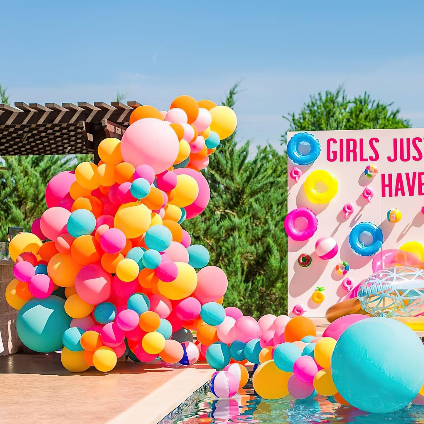 Tropical Balloon Arch Kit 12inch Hot Pink Orange Yellow Green Teal Latex Confetti Balloons for Luau Tropical Hawaii Flamingo Coachella Party Theme