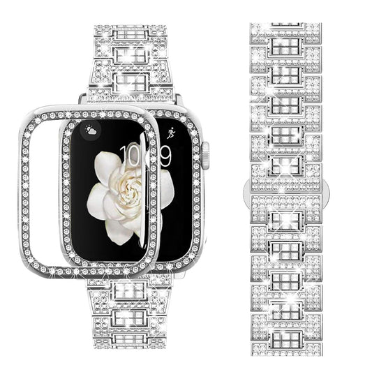 Supoix Compatible with Apple Watch Band 38mm 40mm 41mm 42mm 44mm 45mm 46mm 49mm+ Case, Women Jewelry Bling Diamond Rhinestone Replacement Metal Bands & 2 Pack PC Protector Case for iWatch Ultra 2/ Ultra Series 10/9/8/7/6/5/4/3/2/1/SE